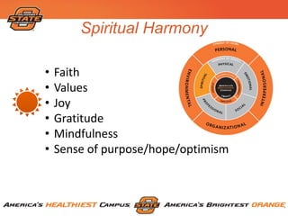 Spiritual Harmony
• Faith
• Values
• Joy
• Gratitude
• Mindfulness
• Sense of purpose/hope/optimism
 