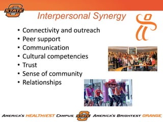 Interpersonal Synergy
• Connectivity and outreach
• Peer support
• Communication
• Cultural competencies
• Trust
• Sense of community
• Relationships
 