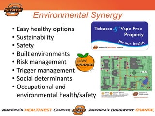 Environmental Synergy
• Easy healthy options
• Sustainability
• Safety
• Built environments
• Risk management
• Trigger management
• Social determinants
• Occupational and
environmental health/safety
 