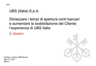 O. Bordoni Docflow- Gartner BPM Event May 12, 2011 Milano UBS (Italia) S.p.A. Dimezzare i tempi di apertura conti bancari e aumentare la soddisfazione del Cliente: l’esperienza di UBS Italia 