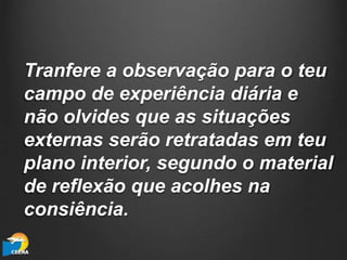 Tranfere a observação para o teu
campo de experiência diária e
não olvides que as situações
externas serão retratadas em teu
plano interior, segundo o material
de reflexão que acolhes na
consiência.
 