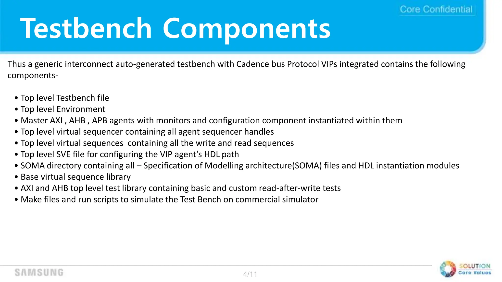 4/11
Testbench Components
Thus a generic interconnect auto-generated testbench with Cadence bus Protocol VIPs integrated contains the following
components-
• Top level Testbench file
• Top level Environment
• Master AXI , AHB , APB agents with monitors and configuration component instantiated within them
• Top level virtual sequencer containing all agent sequencer handles
• Top level virtual sequences containing all the write and read sequences
• Top level SVE file for configuring the VIP agent’s HDL path
• SOMA directory containing all – Specification of Modelling architecture(SOMA) files and HDL instantiation modules
• Base virtual sequence library
• AXI and AHB top level test library containing basic and custom read-after-write tests
• Make files and run scripts to simulate the Test Bench on commercial simulator
 