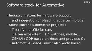 Software stack for Automotive
● Industry matters for hardware support
– and integration of bleeding edge technology
● Some current automotive projects :
– Tizen:IVI : profile for cars
● Tizen ecosystem : TV, watches, mobile...
– GENIVI : GDP based on Yocto and provides Qt
– Automotive Grade Linux : also Yocto based
 