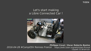Philippe Coval / Oscar Roberto Bastos
https://wiki.tizen.org/wiki/User:Pcoval
Copyleft: CC BY-SA 4.0+
2016-04-28 #CampOSV Rennes France
Let's start making
a Libre Connected Car !
 