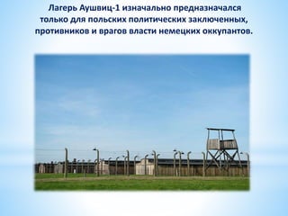 Лагерь Аушвиц-1 изначально предназначался
только для польских политических заключенных,
противников и врагов власти немецких оккупантов.
 