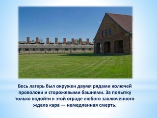 Весь лагерь был окружен двумя рядами колючей
проволоки и сторожевыми башнями. За попытку
только подойти к этой ограде любого заключенного
ждала кара — немедленная смерть.
 
