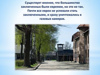 Существует мнение, что большинство
заключенных были евреями, но это не так.
Почти все евреи не успевали стать
заключенными, и сразу уничтожались в
газовых камерах.
 