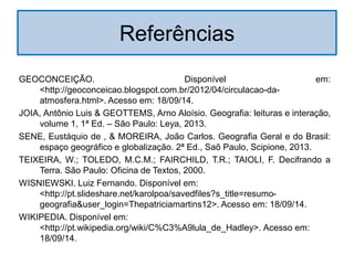 Referências 
GEOCONCEIÇÃO. Disponível em: <http://geoconceicao.blogspot.com.br/2012/04/circulacao-da- atmosfera.html>. Acesso em: 18/09/14. 
JOIA, Antônio Luis & GEOTTEMS, Arno Aloísio. Geografia: leituras e interação, volume 1, 1ª Ed. – São Paulo: Leya, 2013. 
SENE, Eustáquio de , & MOREIRA, João Carlos. Geografia Geral e do Brasil: espaço geográfico e globalização. 2ª Ed., Saõ Paulo, Scipione, 2013. 
TEIXEIRA, W.; TOLEDO, M.C.M.; FAIRCHILD, T.R.; TAIOLI, F. Decifrando a Terra. São Paulo: Oficina de Textos, 2000. 
WISNIEWSKI. Luiz Fernando. Disponível em: <http://pt.slideshare.net/karolpoa/savedfiles?s_title=resumo- geografia&user_login=Thepatriciamartins12>. Acesso em: 18/09/14. 
WIKIPEDIA. Disponível em: <http://pt.wikipedia.org/wiki/C%C3%A9lula_de_Hadley>. Acesso em: 18/09/14. 