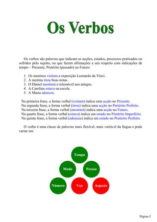 Os verbos são palavras que indicam as acções, estados, processos praticados ou
sofridos pelo sujeito, ou que fazem afirmações a seu respeito com indicações de
tempo – Presente, Pretérito (passado) ou Futuro.

   1.   Os meninos visitam a exposição Leonardo da Vinci.
   2.   A menina tirou boas notas.
   3.   O Daniel mostrará o telemóvel aos amigos.
   4.   A Carolina estava na escola.
   5.   A Marta adoeceu.

 Na primeira frase, a forma verbal (visitam) indica uma acção no Presente.
 Na segunda frase, a forma verbal (tirou) indica uma acção no Pretérito Perfeito.
 Na terceira frase, a forma verbal (mostrará) indica uma acção no Futuro.
 Na quarta frase, a forma verbal (estava) indica um estado no Pretérito Imperfeito.
 Na quinta frase, a forma verbal (adoeceu) indica um estado no Pretérito Perfeito.

   O verbo é uma classe de palavras mais flexível, mais variável da língua e pode
variar em:




                                     Tempo


                              Modo           Pessoa



                      Número          Voz         Aspecto




                                                                                 Página-3
 