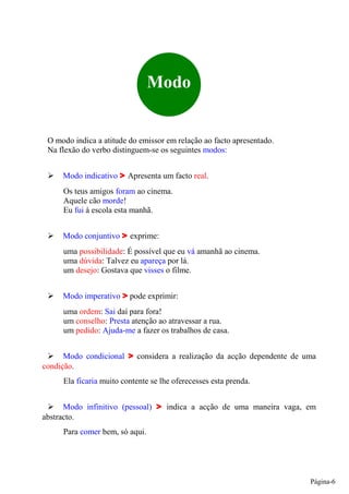 Modo


 O modo indica a atitude do emissor em relação ao facto apresentado.
 Na flexão do verbo distinguem-se os seguintes modos:


     Modo indicativo     Apresenta um facto real.
     Os teus amigos foram ao cinema.
     Aquele cão morde!
     Eu fui à escola esta manhã.


     Modo conjuntivo     exprime:
     uma possibilidade: É possível que eu vá amanhã ao cinema.
     uma dúvida: Talvez eu apareça por lá.
     um desejo: Gostava que visses o filme.


     Modo imperativo     pode exprimir:
     uma ordem: Sai daí para fora!
     um conselho: Presta atenção ao atravessar a rua.
     um pedido: Ajuda-me a fazer os trabalhos de casa.


      Modo condicional     considera a realização da acção dependente de uma
condição.
     Ela ficaria muito contente se lhe oferecesses esta prenda.


      Modo infinitivo (pessoal)      indica a acção de uma maneira vaga, em
abstracto.
     Para comer bem, só aqui.




                                                                          Página-6
 
