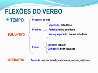 FLEXÕES DO VERBO
TEMPO
SUBJUNTIVO
Presente: estude
Pretérito
Imperfeito: estudasse
Perfeito: tenha estudado
Mais-que-perfeito: tivesse estudado
Futuro
Simples: estudar
Composto: tiver estudado
IMPERATIVO Presente: estuda, estude, estudemos, estudai, estudem
 