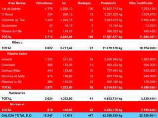 Rías Baixas Viticultores ha Bodegas Produción Viño cualificado 
Val do Salnés 4.776 2.269,10 136 10.627.715 kg 7.253.415 l 
O Rosal 534 596,12 13 2.287.203 kg 1.559.872 l 
Condado de Tea 1.243 1.000,18 42 3.943.472 kg 2.689.448 l 
Soutomaior 43 18,18 2 19.164 kg 13.032 l 
Ribeira do Ulla 116 164,51 5 690.323 kg 469.420 l 
TOTAL 6.712 4.048,09 198 17.567.877 kg 11.985.187 l 
Ribeiro 
TOTAL 6.022 2.731,46 91 11.679.570 kg 10.724.960 l 
Ribeira Sacra 
Amandi 1.224 521,02 34 2.926.949 kg 1.985.800 l 
Chantada 405 172,36 21 883.332 kg 599.300 l 
Quiroga-Bibei 443 188,58 10 707.491 kg 480.000 l 
Ribeiras do Miño 415 176,69 18 803.739 kg 545.300 l 
Ribeiras do Sil 384 163,35 12 693.120 kg 470.250 l 
TOTAL 2.871 1.222,00 95 6.014.631 kg 4.080.650 l 
Valdeorras 
TOTAL 2.024 1.352,00 41 4.853.734 kg 3.539.444 l 
Monterrei 
TOTAL 618 720,00 22 3.282.716 kg 2.199.420 l 
GALICIA TOTAL D.O. 18.247 10.074 447 43.398.528 kg 32.529.661 l 
 