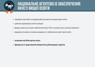 Національне агентсво із забезпечення
якості вищої освіти
 проводить ліцензійну та акредитаційну експертизу закладів вищої освіти
 здійснює акредитацію освітніх програм
 формує вимоги до системи забезпечення якості ВО та аналізує якість освітньої діяльності
 акредитує незалежні установи оцінювання та забезпечення якості визої освіти
 незалежне від Міністерства освіти
 формується із представників університетів,роботодавців,студентів
 