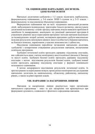 14
VII. ОЦІНЮВАННЯ НАВЧАЛЬНИХ ДОСЯГНЕНЬ
ЗДОБУВАЧІВ ОСВІТИ
Навчальні досягнення здобувачів у 1-2 класах підлягають вербальному,
формувальному оцінюванню, у 3-4 класах ЗОШ І ступеня та у 5-11 класах –
формувальному та підсумковому (бальному) оцінюванню.
Формувальне оцінювання має на меті: підтримати навчальний розвиток
дітей; вибудовувати індивідуальну траєкторію їхнього розвитку; діагностувати
досягнення на кожному з етапів процесу навчання; вчасно виявляти проблеми й
запобігати їх нашаруванню; аналізувати хід реалізації навчальної програми й
ухвалювати рішення щодо корегування програмиі методів навчання відповідно
до індивідуальних потреб дитини; мотивувати прагнення здобути максимально
можливі результати; виховувати ціннісні якостіособистості, бажання навчатися,
не боятися помилок, переконання у власних можливостях і здібностях.
Підсумкове оцінювання передбачає зіставлення навчальних досягнень
здобувачів з конкретними очікуваними результатами навчання, визначеними
освітньою програмою.
Здобувачі початкової освіти проходять державну підсумкову атестацію,
яка здійснюється лише з метою моніторингу якостіосвітньої діяльності Закладу
та якості освіти. Здобувачі базової освіти проходять державну підсумкову
атестацію з метою відстеження результатів базової освіти, здобувачі повної
освіти проходять державну підсумкову атестацію у форматі зовнішнього
незалежного оцінювання.
З метою неперервного відстеження результатів початкової освіти, їх
прогнозування та коригування можуть проводитися моніторинговідослідження
навчальних досягнень на національному, обласному, районному, шкільному
рівнях, а також на рівні окремих класів.
VIII. НАВЧАННЯ ЗА НАСКРІЗНИМИ ЛІНІЯМИ
Навчання за наскрізними лініями реалізується через організацію
навчального середовища – зміст та цілі наскрізних тем враховуються при
формуванні духовного, соціального і фізичного середовища навчання.
 