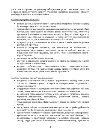 4
умов для підтримки та розвитку обдарованих учнів; належних умов для
соціально-психологічного захисту учасників навчально-виховного процесу;
необхідної матеріально-технічної бази.
Освітня програма визначає:
 вимогидо осіб, якірозпочинають навчання запрограмою початковаосвіта,
базова середня освіта, профільна освіта;
 загальнийобсяг навчальногонавантаження, якийвизначає загальнийобсяг
навчального навантаження за кожним рівнем здобуття освіти, орієнтовну
тривалість і взаємозв’язки окремих предметів, факультативів, курсів за
вибором тощо, зокрема їх інтеграції, а також логічну послідовності їх
вивчення, що подані в навчальних планах (далі – таблиці);
 очікувані результати навчання та компетентності учнів, подані в рамках
навчальних програм;
 навчальні програми предметів, що вивчаються за інваріантним і
варіативним складниками; навчальні предмети вибрані учнями на
підсилення вивчення предметів, які мають гриф Міністерством освіти і
науки України»;
 форми організації освітнього процесу;
 системи внутрішнього забезпечення якості освіти, проведення поточного
та підсумкового оцінювання;
 кадрове забезпечення, навчально-методичне, навчально-технічне,
соціально-психологічне середовище закладу освіти, створення умов для
підвищення фахового рівня педагогічних працівників.
Освітня програма закладу спрямована на:
 поєднання стабільного змісту освіти і варіативності вибору навчальних
дисциплін, наявності різних програм та альтернативних підручників з
кожного предмету;
 диференційованого таіндивідуального навчання навсіх ступенях, вільного
застосування вчителями різних методик, навчання та виховання;
 розширення повноважень вчителів, учнів, батьків в управлінні школою,
вирішенні методичних, педагогічних, фінансових питань, завдань
розвитку матеріальної бази;
 утвердження в школі атмосферигуманізму, поваги до особистостівчителя
і учня;
 формування у підростаючого покоління патріотизму, потребитурбуватись
про майбутнє Батьківщини, національної самосвідомості;
 забезпечення суверенності:школа є самостійним, національним державно-
громадським інститутом освіти, виховання і педагогічної діяльності. Це
проявляється в практичній можливості розробки концепції системи,
змісту, структури освіти і виховання, навчального плану, програм та
 