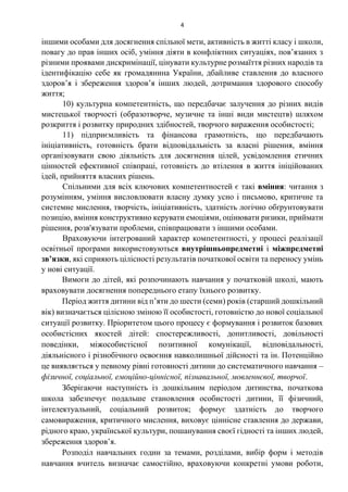 4
іншими особами для досягнення спільної мети, активність в житті класу і школи,
повагу до прав інших осіб, уміння діяти в конфліктних ситуаціях, пов’язаних з
різними проявами дискримінації, цінувати культурне розмаїття різних народів та
ідентифікацію себе як громадянина України, дбайливе ставлення до власного
здоров’я і збереження здоров’я інших людей, дотримання здорового способу
життя;
10) культурна компетентність, що передбачає залучення до різних видів
мистецької творчості (образотворче, музичне та інші види мистецтв) шляхом
розкриття і розвитку природних здібностей, творчого вираження особистості;
11) підприємливість та фінансова грамотність, що передбачають
ініціативність, готовність брати відповідальність за власні рішення, вміння
організовувати свою діяльність для досягнення цілей, усвідомлення етичних
цінностей ефективної співпраці, готовність до втілення в життя ініційованих
ідей, прийняття власних рішень.
Спільними для всіх ключових компетентностей є такі вміння: читання з
розумінням, уміння висловлювати власну думку усно і письмово, критичне та
системне мислення, творчість, ініціативність, здатність логічно обґрунтовувати
позицію, вміння конструктивно керувати емоціями, оцінювати ризики, приймати
рішення, розв'язувати проблеми, співпрацювати з іншими особами.
Враховуючи інтегрований характер компетентності, у процесі реалізації
освітньої програми використовуються внутрішньопредметні і міжпредметні
зв’язки, які сприяють цілісності результатів початкової освіти та переносу умінь
у нові ситуації.
Вимоги до дітей, які розпочинають навчання у початковій школі, мають
враховувати досягнення попереднього етапу їхнього розвитку.
Період життя дитини від п’яти до шести (семи) років (старший дошкільний
вік) визначається цілісною зміною її особистості, готовністю до нової соціальної
ситуації розвитку. Пріоритетом цього процесу є формування і розвиток базових
особистісних якостей дітей: спостережливості, допитливості, довільності
поведінки, міжособистісної позитивної комунікації, відповідальності,
діяльнісного і різнобічного освоєння навколишньої дійсності та ін. Потенційно
це виявляється у певному рівні готовності дитини до систематичного навчання –
фізичної, соціальної, емоційно-ціннісної, пізнавальної, мовленнєвої, творчої.
Зберігаючи наступність із дошкільним періодом дитинства, початкова
школа забезпечує подальше становлення особистості дитини, її фізичний,
інтелектуальний, соціальний розвиток; формує здатність до творчого
самовираження, критичного мислення, виховує ціннісне ставлення до держави,
рідного краю, української культури, пошанування своєї гідності та інших людей,
збереження здоров’я.
Розподіл навчальних годин за темами, розділами, вибір форм і методів
навчання вчитель визначає самостійно, враховуючи конкретні умови роботи,
 