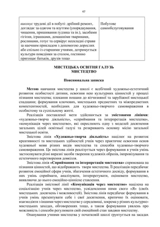 47
виконує трудові дії в побуті: дрібний ремонт,
доглядає за одягом та взуттям (упорядкування,
чищення, пришивання ґудзика та ін.), засобами
гігієни, іграшками, домашніми тваринами,
рослинами, готує та сервірує нескладні страви
за наочним прикладом з допомогою дорослих
або спільно із старшими учнями, дотримується
культури поведінки за столом, гостинно
пригощає батьків, друзів тощо
Побутове
самообслуговування
МИСТЕЦЬКА ОСВІТНЯ ГАЛУЗЬ
МИСТЕЦТВО
Пояснювальна записка
Метою навчання мистецтва у школі є всебічний художньо-естетичний
розвиток особистості дитини, освоєння нею культурних цінностей у процесі
пізнання мистецтва; плекання пошани до вітчизняної та зарубіжної мистецької
спадщини; формування ключових, мистецьких предметних та міжпредметних
компетентностей, необхідних для художньо-творчого самовираження в
особистому та суспільному житті.
Реалізація поставленої мети здійснюється за змістовими лініями:
«художньо-творча діяльність», «сприймання та інтерпретація мистецтва»,
«комунікація через мистецтво», які окреслюють одну з моделей досягнення
загальних цілей освітньої галузі та розкривають основну місію загальної
мистецької освіти.
Змістова лінія «Художньо-творча діяльність» націлює на розвиток
креативності та мистецьких здібностей учнів через практичне освоєння основ
художньої мови різних видів мистецтва та способів художньо-творчого
самовираження. Ця змістова лінія реалізується через формування в учнів умінь
застосовувати різні виразні засоби творення художніх образів, імпровізування та
естетичного перетворення довкілля.
Змістова лінія «Сприймання та інтерпретація мистецтва» спрямована на
пізнання цінностей, що відображають твори мистецтва. Її реалізація передбачає
розвиток емоційної сфери учнів, збагачення естетичного досвіду, формування в
них умінь сприймати, аналізувати, інтерпретувати, оцінювати мистецтво,
виявляючи до нього емоційно-ціннісне ставлення.
Реалізація змістової лінії «Комунікація через мистецтво» націлена на
соціалізацію учнів через мистецтво, усвідомлення ними свого «Я» (своїх
мистецьких досягнень і можливостей). Змістова лінія передбачає формування в
учнів умінь презентувати себе і свої досягнення, критично їх оцінювати,
взаємодіяти з іншими через мистецтво у середовищі, зокрема у різних культурно-
мистецьких заходах, обговореннях тощо, а також формування уявлень про
можливість і способи регулювати свій емоційний стан завдяки мистецтву.
Опанування учнями мистецтва у початковій школі ґрунтується на засадах
 