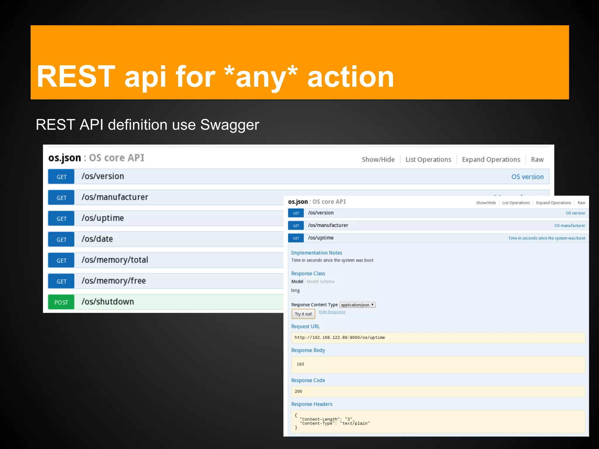 REST API definition use Swagger
REST api for *any* action
 