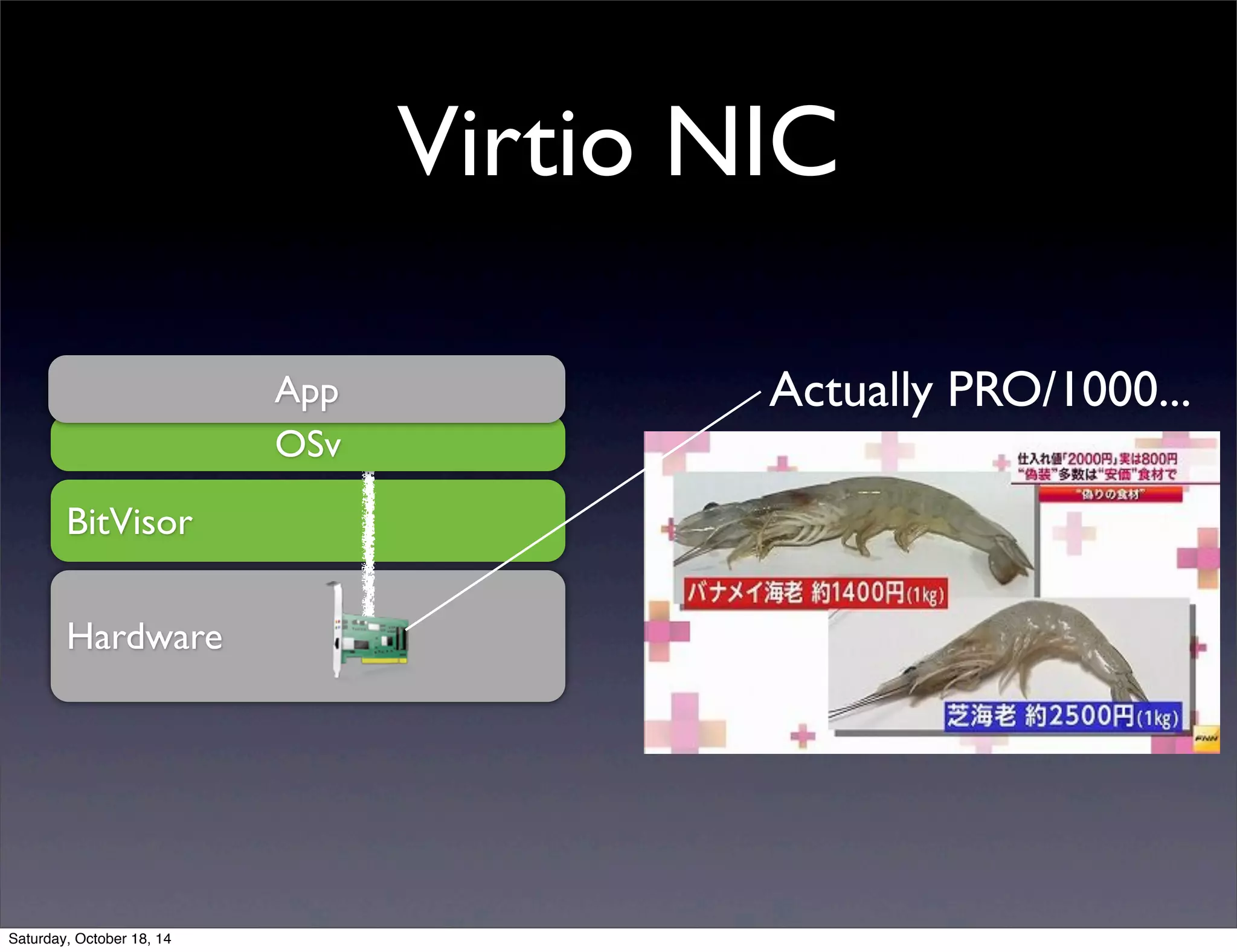 Virtio NIC 
BitVisor 
Hardware 
App Actually PRO/1000... 
OSv 
Saturday, October 18, 14 
 