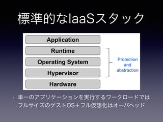 7SLFDOORXG6WDFN 
標準的なIaaSスタック 
$SSOLFDWLRQ 
5XQWLPH 
2SHUDWLQJ6VWHP 
+SHUYLVRU 
+DUGZDUH 
3URWHFWLRQ 
DQG 
DEVWUDFWLRQ 
• 単一のアプリケーションを実行するワークロードでは 
フルサイズのゲストOS＋フル仮想化はオーバヘッド 
 