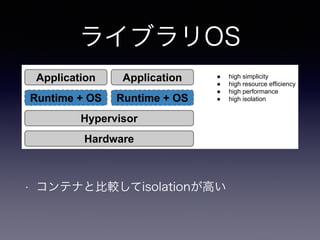 ³/LEUDU26´ 
ライブラリOS 
$SSOLFDWLRQ 
5XQWLPH26 
$SSOLFDWLRQ 
5XQWLPH26 
+SHUYLVRU 
+DUGZDUH 
Ɣ KLJKVLPSOLFLW 
Ɣ KLJKUHVRXUFHHIILFLHQF 
Ɣ KLJKSHUIRUPDQFH 
Ɣ KLJKLVRODWLRQ 
• コンテナと比較してisolationが高い 
 