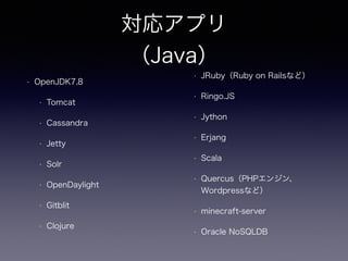 対応アプリ 
（Java） 
• OpenJDK7,8 
• Tomcat 
• Cassandra 
• Jetty 
• Solr 
• OpenDaylight 
• Gitblit 
• Clojure 
• JRuby（Ruby on Railsなど） 
• Ringo.JS 
• Jython 
• Erjang 
• Scala 
• Quercus（PHPエンジン、 
Wordpressなど） 
• minecraft-server 
• Oracle NoSQLDB 
 