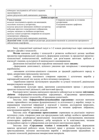 31
відтворює послідовність об’єктів із заданою
закономірністю;
оцінює результати своїх навчальних досягнень
Лінійні алгоритми
Учень/учениця:
визначає послідовність кроків для виконавців;
знаходить помилки у алгоритмах;
визначає результат виконання лінійного алгоритму
побудови простого геометричного зображення;
створює малюнок за лінійним алгоритмом;
пропонує власні алгоритми створення не складних
геометричних зображень;
оцінює результати своїх навчальних досягнень
Створення малюнків за готовими
алгоритмами
Складання власних графічних
алгоритмів
Додаткові теми: онлайн графічні редактори, редагування малюнків за допомогою програмного
забезпечення смартфонів.
Зміст технологічної освітньої галузі в 1-2 класах реалізовується через навчальний
предмет «Дизайн і технології».
Метою навчання дизайну і технологій є розвиток особистості дитини засобами
предметно-перетворювальної діяльності, формування ключових та предметної проектно-
технологічної компетентностей, необхідних для розв’язання життєвих проблем у
взаємодії з іншими, культурного й національного самовираження.
Досягнення поставленої мети передбачає виконання таких завдань:
- формування допитливості, цілісного уявлення про матеріальне і нематеріальне
виробництво;
- виховання естетично-ціннісного ставлення до традицій українського народу в
праці, декоративно-прикладному мистецтві;
- набуття досвіду поетапного створення корисних і естетичних виробів у
партнерській взаємодії: від задуму до його втілення в матеріалах;
- вироблення навичок застосовувати традиційні та сучасні технології, раціонально
використовувати матеріали;
- формування культури праці, прагнення удосконалювати процес і результати
проектно-технологічної діяльності, свій життєвий простір.
Реалізація мети і завдань навчального предмета здійснюється за такими змістовими
лініями: «Інформаційно-комунікаційне середовище», «Середовище проектування»,
«Середовище техніки і технологій», «Середовище соціалізації».
Змістова лінія «Інформаційно-комунікаційне середовище» охоплює вивчення
питань гармонійного поєднання функціональності та естетичності у виробах; пошук та
опрацювання тематичної інформації у взаємодії з іншими; дослідження природних,
штучних і синтетичних матеріалів; розрізнення та читання графічних зображень;
конструювання виробів з готових деталей.
Змістова лінія «Середовище проектування» спрямована на реалізацію творчого
потенціалу учнів, створення умов для продукування ідей, вибору особисто привабливих
об’єктів праці; дизайнерське проектування –моделювання і конструювання; виконання
елементарних графічних зображень; добір матеріалів за їх властивостями; читання
інструкційних карток із зображеннями для поетапного виготовлення виробу.
Змістова лінія «Середовище техніки і технологій» передбачає формування
навичок організації робочого місця, безпечної праці з ручними інструментами та
пристосуваннями; поетапне виготовлення виробів з використанням традиційних та
сучасних технологій; раціональне використання матеріалів.
 