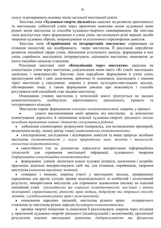 36
галузі та розкривають основну місію загальної мистецької освіти.
Змістова лінія «Художньо-творча діяльність» націлює на розвиток креативності
та мистецьких здібностей учнів через практичне освоєння основ художньої мови
різних видів мистецтва та способів художньо-творчого самовираження. Ця змістова
лінія реалізується через формування в учнів умінь застосовувати різні виразні засоби
творення художніх образів, імпровізування та естетичного перетворення довкілля.
Змістова лінія «Сприймання та інтерпретація мистецтва» спрямована на
пізнання цінностей, що відображають твори мистецтва. Її реалізація передбачає
розвиток емоційної сфери учнів, збагачення естетичного досвіду, формування в них
умінь сприймати, аналізувати, інтерпретувати, оцінювати мистецтво, виявляючи до
нього емоційно-ціннісне ставлення.
Реалізація змістової лінії «Комунікація через мистецтво» націлена на
соціалізацію учнів через мистецтво, усвідомлення ними свого «Я» (своїх мистецьких
досягнень і можливостей). Змістова лінія передбачає формування в учнів умінь
презентувати себе і свої досягнення, критично їх оцінювати, взаємодіяти з іншими
через мистецтво у середовищі, зокрема у різних культурно-мистецьких заходах,
обговореннях тощо, а також формування уявлень про можливість і способи
регулювати свій емоційний стан завдяки мистецтву.
Опанування учнями мистецтва у початковій школі ґрунтується на засадах
компетентнісного, особистісно зорієнтованого, діяльнісного, ігрового та
інтегративного підходів.
Мистецтво сприяє формуванню ключових компетентностей, зокрема, у процесі:
●· усного висловлювання своїх вражень від мистецтва; за допомогою
коментування дорослого й оцінювання власної художньо-творчої діяльності (вільне
володіння державною мовою/ здатність спілкуватися рідною).
● здійснення елементарних розрахунків (наприклад, для встановлення пропорцій,
визначення метру, запису ритму тощо) (математична компетентність).
● спостереження, дослідження і відтворення довкілля та явищ природи засобами
мистецтва (компетентності у галузі природничих наук, техніки і технологій,
екологічна компетентність);
● самостійного (чи за допомогою дорослого) використання інформаційних
технологій для отримання мистецької інформації, художнього творення
(інформаційно-комунікаційна компетентність);
● формування уміння визначати власні художні інтереси, досягнення і потреби;
прагнення доцільно використовувати свій час для пізнання, сприймання, творення
мистецтва (навчання впродовж життя);
● співпраці з іншими, зокрема участі у мистецьких заходах, прикрашенні
середовища для друзів, сусідів; прояву відповідальності за особистий і колективний
результат; використання мистецтва для отримання задоволення (впливу на власний
емоційний стан) (громадянські та соціальні компетентності, пов’язані з ідеями
демократії, справедливості, рівності, прав людини, добробуту та здорового способу
життя, з усвідомленням рівних прав і можливостей);
● опанування народних традицій, мистецтва рідного краю; толерантного
ставлення до мистецтва різних народів (культурна компетентність)
● проявів творчої ініціативи та намагання її реалізовувати, зокрема через втілення
у практичній художньо-творчій діяльності (індивідуальній і колективній); презентації
результатів власних мистецьких досягнень (підприємливість та фінансова
 