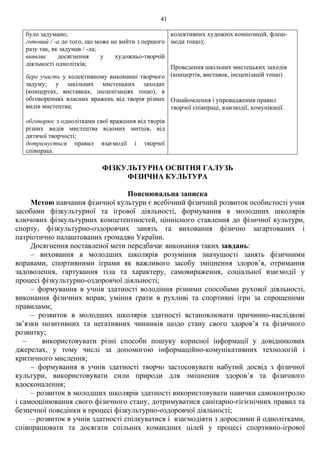 41
було задумано;
готовий / -а до того, що може не вийти з першого
разу так, як задумав / -ла;
виявляє досягнення у художньо-творчій
діяльності однолітків;
бере участь у колективному виконанні творчого
задуму; у шкільних мистецьких заходах
(концертах, виставках, інсценізаціях тощо), в
обговореннях власних вражень від творів різних
видів мистецтва;
обговорює з однолітками свої враження від творів
різних видів мистецтва відомих митців, від
дитячої творчості;
дотримується правил взаємодії і творчої
співпраці.
колективних художніх композицій, флеш-
моди тощо);
Проведення шкільних мистецьких заходів
(концертів, виставок, інсценізацій тощо)
Ознайомлення і упровадження правил
творчої співпраці, взаємодії, комунікації.
ФІЗКУЛЬТУРНА ОСВІТНЯ ГАЛУЗЬ
ФІЗИЧНА КУЛЬТУРА
Пояснювальна записка
Метою навчання фізичної культури є всебічний фізичний розвиток особистості учня
засобами фізкультурної та ігрової діяльності, формування в молодших школярів
ключових фізкультурних компетентностей, ціннісного ставлення до фізичної культури,
спорту, фізкультурно-оздоровчих занять та виховання фізично загартованих і
патріотично налаштованих громадян України.
Досягнення поставленої мети передбачає виконання таких завдань:
– виховання в молодших школярів розуміння значущості занять фізичними
вправами, спортивними іграми як важливого засобу зміцнення здоров’я, отримання
задоволення, гартування тіла та характеру, самовираження, соціальної взаємодії у
процесі фізкультурно-оздоровчої діяльності;
– формування в учнів здатності володіння різними способами рухової діяльності,
виконання фізичних вправ; уміння грати в рухливі та спортивні ігри за спрощеними
правилами;
– розвиток в молодших школярів здатності встановлювати причинно-наслідкові
зв’язки позитивних та негативних чинників щодо стану свого здоров’я та фізичного
розвитку;
– використовувати різні способи пошуку корисної інформації у довідникових
джерелах, у тому числі за допомогою інформаційно-комунікативних технологій і
критичного мислення;
– формування в учнів здатності творчо застосовувати набутий досвід з фізичної
культури, використовувати сили природи для зміцнення здоров’я та фізичного
вдосконалення;
– розвиток в молодших школярів здатності використовувати навички самоконтролю
і самооцінювання свого фізичного стану, дотримуватися санітарно-гігієнічних правил та
безпечної поведінки в процесі фізкультурно-оздоровчої діяльності;
– розвиток в учнів здатності спілкуватися і взаємодіяти з дорослими й однолітками,
співпрацювати та досягати спільних командних цілей у процесі спортивно-ігрової
 