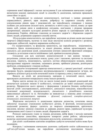 5
отримання нової інформації з метою застосування її для оцінювання навчальних потреб,
визначення власних навчальних цілей та способів їх досягнення, навчання працювати
самостійно і в групі;
9) громадянські та соціальні компетентності, пов’язані з ідеями демократії,
справедливості, рівності, прав людини, добробуту та здорового способу життя,
усвідомленням рівних прав і можливостей, що передбачають співпрацю з іншими
особами для досягнення спільної мети, активність в житті класу і школи, повагу до прав
інших осіб, уміння діяти в конфліктних ситуаціях, пов’язаних з різними проявами
дискримінації, цінувати культурне розмаїття різних народів та ідентифікацію себе як
громадянина України, дбайливе ставлення до власного здоров’я і збереження здоров’я
інших людей, дотримання здорового способу життя;
10) культурна компетентність, що передбачає залучення до різних видів мистецької
творчості (образотворче, музичне та інші види мистецтв) шляхом розкриття і розвитку
природних здібностей, творчого вираження особистості;
11) підприємливість та фінансова грамотність, що передбачають ініціативність,
готовність брати відповідальність за власні рішення, вміння організовувати свою
діяльність для досягнення цілей, усвідомлення етичних цінностей ефективної співпраці,
готовність до втілення в життя ініційованих ідей, прийняття власних рішень.
Спільними для всіх ключових компетентностей є такі вміння: читання з
розумінням, уміння висловлювати власну думку усно і письмово, критичне та системне
мислення, творчість, ініціативність, здатність логічно обґрунтовувати позицію, вміння
конструктивно керувати емоціями, оцінювати ризики, приймати рішення, розв'язувати
проблеми, співпрацювати з іншими особами.
Враховуючи інтегрований характер компетентності, у процесі реалізації освітньої
програми будуть використовуватися внутрішньопредметні і міжпредметні зв’язки, які
сприяють цілісності результатів початкової освіти та переносу умінь у нові ситуації.
Вимоги до дітей, які розпочинають навчання у початковій школі, мають
враховувати досягнення попереднього етапу їхнього розвитку.
Період життя дитини від п’яти до шести (семи) років (старший дошкільний вік)
визначається цілісною зміною її особистості, готовністю до нової соціальної ситуації
розвитку. Пріоритетом цього процесу є формування і розвиток базових особистісних
якостей дітей: спостережливості, допитливості, довільності поведінки, міжособистісної
позитивної комунікації, відповідальності, діяльнісного і різнобічного освоєння
навколишньої дійсності та ін. Потенційно це виявляється у певному рівні готовності
дитини до систематичного навчання – фізичної, соціальної, емоційно-ціннісної,
пізнавальної, мовленнєвої, творчої.
Зберігаючи наступність із дошкільним періодом дитинства, початкова школа
забезпечує подальше становлення особистості дитини, її фізичний, інтелектуальний,
соціальний розвиток; формує здатність до творчого самовираження, критичного
мислення, виховує ціннісне ставлення до держави, рідного краю, української культури,
пошанування своєї гідності та інших людей, збереження здоров’я.
Розподіл навчальних годин за темами, розділами, вибір форм і методів навчання
вчитель визначає самостійно, враховуючи конкретні умови роботи, забезпечуючи
водночас досягнення конкретних очікуваних результатів, зазначених у програмі.
Для дітей з особливими освітніми потребами здобуття початкової освіти може бути
подовжене.
Контроль і оцінювання навчальних досягнень здобувачів освіти здійснюються на
суб’єкт-суб’єктних засадах, що передбачає систематичне відстеження їхнього
 