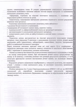 36
групах; самоконтроль тощо. В умовах упровадження зовнішнього незалежного
оцінювання особливого значення набуває тестова форма контролю та оцінювання
навчальних досягнень учнів.
Інформація, отримана на підставі поточного контролю, є основною для
коригування роботи вчителя на уроці.
Тематичному оцінюванню навчальних досягнень підлягають основні результати
вивчення теми (розділу).
Тематичне оцінювання навчальних досягнень учнів забезпечує:
• усунення безсистемності в оцінюванні;
• підвищення об’єктивності оцінки знань, навичок і вмінь;
• індивідуальний та диференційований підхід до організації навчання;
• систематизацію й узагальнення навчального матеріалу;
• концентрацію уваги учнів до найсуттєвішого в системі знань з кожного
предмета.
Тематична оцінка виставляється на підставі результатів опанування учнями
матеріалу теми впродовж її вивчення з урахуванням поточних оцінок, різних видів
навчальних робіт (практичних, лабораторних, самостійних, творчих, контрольних
робіт) та навчальної активності школярів.
Перед початком вивчення чергової теми всі учні мають бути ознайомлені з
тривалістю вивчення теми (кількість занять); кількістю й тематикою обов’язкових
робіт і термінами їх проведення; умовами оцінювання.
Оцінка за семестр виставляється за результатами тематичного оцінювання, а за рік
- на основі семестрових оцінок. При виставленні річної оцінки орієнтуватись на
оцінку за II семестр, а можливу різницю між рівнями результатів навчання у І та II
семестрах враховуємо шляхом виставлення річної оцінки, що відповідає вищому
показнику.
Результати річного оцінювання відображають у свідоцтві досягнень, яке видають
учневі / учениці в кінці навчального року, за системою (шкалою), визначеною
законодавством.
О світ ня програм а для 5 класу С т рілецькокут ського О ЗЗС О І-ІІІ cm. на 2022/2023
навчальний р ік передбачає досягнення учнями результатів навчання
(компетентностей), визначених Державним стандартом та оприлюднена на веб-сайті
закладу освіти.
 
