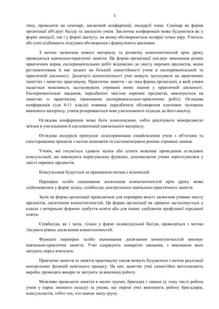 1
типу, проводити на семінарі, заключній конференції, екскурсії тощо. Семінар як форма
організації об'єднує бесіду та дискусію учнів. Заключна конференція може будуватися як у
формі дискусії, так і у формі диспуту, на якому обговорюються полярні точки зору. Учитель
або учні підбивають підсумки обговорення і формулюють висновки.
З метою засвоєння нового матеріалу та розвитку компетентностей крім уроку
проводяться навчально-практичні заняття. Ця форма організації поєднує виконання різних
практичних вправ, експериментальних робіт відповідно до змісту окремих предметів, менш
регламентована й має акцент на більшій самостійності учнів в експериментальній та
практичній діяльності. Досягнуті компетентності учні можуть застосувати на практичних
заняттях і заняттях практикуму. Практичне заняття - це така форма організації, в якій учням
надається можливість застосовувати отримані ними знання у практичній діяльності.
Експериментальні завдання, передбачені змістом окремих предметів, виконуються на
заняттях із практикуму (виконання експериментально-практичних робіт). Оглядова
конференція (для 8-11 класів) повинна передбачати обговорення ключових положень
вивченого матеріалу, учнем розкриваються нові узагальнюючі підходи до його аналізу.
Оглядова конференція може бути комплексною, тобто реалізувати міжпредметні
зв'язки в узагальненні й систематизації навчального матеріалу.
Оглядова екскурсія припускає цілеспрямоване ознайомлення учнів з об'єктами та
спостереження процесів з метою відновити та систематизувати раніше отримані знання.
Учням, які готуються здавати заліки або іспити можливе проведення оглядових
консультацій, які виконують коригувальну функцію, допомагаючи учням зорієнтуватися у
змісті окремих предметів.
Консультація будується за принципом питань і відповідей.
Перевірка та/або оцінювання досягнення компетентностей крім уроку може
здійснюватися у формі заліку, співбесіди, контрольного навчально-практичного заняття.
Залік як форма організації проводиться для перевірки якості засвоєння учнями змісту
предметів, досягнення компетентностей. Ця форма організації як правило застосовується у
класах з вечірньою формою здобуття освіти або для інших здобувачів профільної середньої
освіти.
Співбесіда, як і залік, тільки у формі індивідуальної бесіди, проводиться з метою
з'ясувати рівень досягнення компетентностей.
Функцію перевірки та/або оцінювання досягнення компетентностей виконує
навчально-практичне заняття. Учні одержують конкретні завдання, з виконання яких
звітують перед вчителем.
Практичні заняття та заняття практикуму також можуть будуватися з метою реалізації
контрольних функцій освітнього процесу. На цих заняттях учні самостійно виготовляють
вироби, проводять виміри та звітують за виконану роботу.
Можливо проводити заняття в малих групах, бригадах і ланках (у тому числі робота
учнів у парах змінного складу) за умови, що окремі учні виконують роботу бригадирів,
консультантів, тобто тих, хто навчає малу групу.
 