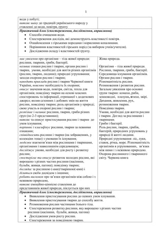 1
води у побуті;
виявляє шану до традицій українського народу у
ставленні до води, повітря, ґрунту
Практичний блок (спостереження, дослідження, вправляння)
 Способи очищення води.
 Спостереження дослідів, які демонструють властивості повітря.
 Ознайомлення з гірськими породами і корисними копалинами.
 Порівняння властивостей гірських порід (за вибором учнів/учителя).
 Дослідження складу і властивостей ґрунту.
має уявлення про організми – тіла живої природи:
рослини, тварини, гриби, бактерії;
називає ознаки рослин і тварин, органи рослин і
тварин, умови, необхідні для життя різних організмів
(рослин, тварин, людини); природні угруповання;
заходи охорони рослин і тварин;
наводить приклади рослин і тварин Червоної книги
України, пояснює необхідність їх охорони;
описує значення води, повітря, світла, тепла для
організмів; поведінку тварин на основі власних
спостережень та інформації, отриманої з додаткових
джерел; вплив сезонних і добових змін на життя
рослин, поведінку тварин; роль організмів у природі;
свою участь в охороні рослин і тварин;
розпізнає і називає рослини, тварин, гриби різних
груп (по 2-3 представники);
виявляє та описує пристосування рослин і тварин до
умов існування;
порівнює і класифікує рослини, тварин за певними
ознаками;
співвідносить рослини і тварин (на зображеннях, у
колекціях тощо) з умовами їх існування;
моделює взаємозв’язки між рослинами і тваринами,
організмами і навколишнім середовищем;
досліджує умови, необхідні для росту і розвитку
рослин;
спостерігає та описує розвиток молодих рослин, які
вирощено з різних частин рослини (насінини,
бульби, живця, пагона); поведінку тварин;
доглядає за рослиною (-ами)/твариною(-ами) і
ділиться своїм досвідом з іншими;
робить висновок про зв’язки організмів між собою і з
неживою природою,
виявляє емоційно-ціннісне ставлення до
представників живої природи, піклується про них
Жива природа.
Організми – тіла живої природи.
Рослини, тварини, гриби, бактерії.
Середовища існування організмів.
Органи рослин і тварин.
Різноманітність рослин.
Розмноження і розвиток рослин.
Загальне уявлення про основні
групи тварин: комахи, риби,
земноводні, плазуни, птахи, звірі.
Дихання, живлення, рух,
розмноження тварин.
Поведінка тварин.
Умови, необхідні для життя рослин
і тварин. Догляд за рослинами і
тваринами.
Гриби і бактерії.
Роль рослин, тварин, грибів,
бактерій, природних угруповань у
природі й житті людини.
Природні угруповання: ліс, луки,
ставок, річка, море. Різноманітність
організмів в угрупованнях, зв’язки
між ними і з неживою природою.
Охорона рослинного і тваринного
світу. Червона книга
Практичний блок (спостереження, дослідження, вправляння)
 Виявлення пристосування рослин до певних умов існування.
 Виявлення пристосування тварин до способу життя.
 Розмноження рослин частинами їхнього тіла.
 Спостереження розвитку рослини, яку вирощено з різних частин
рослини (насінини, бульби, живця, пагона)
 Дослідження умов росту рослин.
 Спостереження за поведінкою тварин.
 