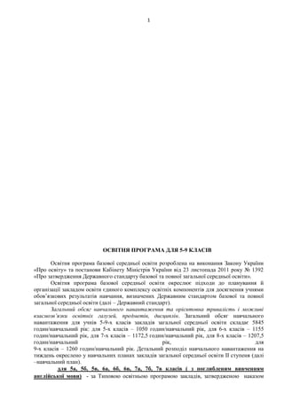 1
ОСВІТНЯ ПРОГРАМА ДЛЯ 5-9 КЛАСІВ
Освітня програма базової середньої освіти розроблена на виконання Закону України
«Про освіту» та постанови Кабінету Міністрів України від 23 листопада 2011 року № 1392
«Про затвердження Державного стандарту базової та повної загальної середньої освіти».
Освітня програма базової середньої освіти окреслює підходи до планування й
організації закладом освіти єдиного комплексу освітніх компонентів для досягнення учнями
обов’язкових результатів навчання, визначених Державним стандартом базової та повної
загальної середньої освіти (далі – Державний стандарт).
Загальний обсяг навчального навантаження та орієнтовна тривалість і можливі
взаємозв’язки освітніх галузей, предметів, дисциплін. Загальний обсяг навчального
навантаження для учнів 5-9-х класів закладів загальної середньої освіти складає 5845
годин/навчальний рік: для 5-х класів – 1050 годин/навчальний рік, для 6-х класів – 1155
годин/навчальний рік, для 7-х класів – 1172,5 годин/навчальний рік, для 8-х класів – 1207,5
годин/навчальний рік, для
9-х класів – 1260 годин/навчальний рік. Детальний розподіл навчального навантаження на
тиждень окреслено у навчальних планах закладів загальної середньої освіти ІІ ступеня (далі
–навчальний план).
для 5а, 5б, 5в, 6а, 6б, 6в, 7а, 7б, 7в класів ( з поглибленим вивченням
англійської мови) - за Типовою освітньою програмою закладів, затвердженою наказом
 