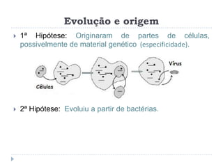 Evolução e origem
   1ª Hipótese: Originaram de partes de células,
    possivelmente de material genético (especificidade).




   2ª Hipótese: Evoluiu a partir de bactérias.
 
