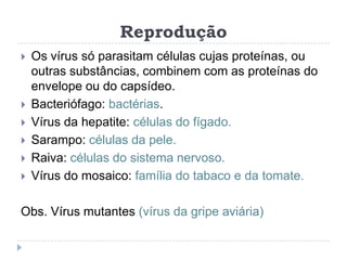 Reprodução
   Os vírus só parasitam células cujas proteínas, ou
    outras substâncias, combinem com as proteínas do
    envelope ou do capsídeo.
   Bacteriófago: bactérias.
   Vírus da hepatite: células do fígado.
   Sarampo: células da pele.
   Raiva: células do sistema nervoso.
   Vírus do mosaico: família do tabaco e da tomate.

Obs. Vírus mutantes (vírus da gripe aviária)
 