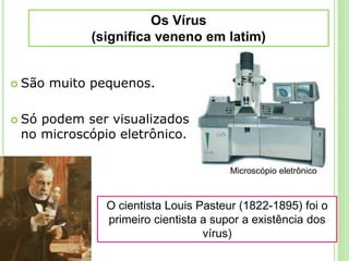  São muito pequenos.
 Só podem ser visualizados
no microscópio eletrônico.
classificação dos seres vivosOs Vírus
(significa veneno em latim)
O cientista Louis Pasteur (1822-1895) foi o
primeiro cientista a supor a existência dos
vírus)
Microscópio eletrônico
 