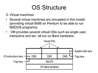 OS Structure
3- Virtual machines
• Several virtual machines are simulated in this model
(providing virtual 8086 on Pentium to be able to run
MSDOS programs)
• VM provides several virtual OSs such as single user,
interactive and etc. all run on Bare hardware.
 