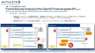 Talk + 2 Unconference Slots
Formal Security Analysis of the OpenID Financial-gradeAPI (cont.)
https://sec.uni-stuttgart.de/events/osw2019/agenda#talkformal_security_analysis_of_the_openid_financial-grade_api
• アクセストークン注入
– 攻撃者がクライアントの管理者を欺き、攻撃者の下にあるトークンEPをクライアントが用いるように仕向ける。
その結果、クライアントはトークンレスポンスとして、不正なトークンをつかまされる
– 緩和策: 認可サーバーが at_hash を提供し、クライアントにアクセストークンの値を検証させる
10Source: https://sec.uni-stuttgart.de/_media/events/osw2019/slides/hosseyni_-_formal-analysis-fapi.pdf
 