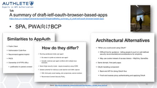 Talk
A summary of draft-ietf-oauth-browser-based-apps
https://sec.uni-stuttgart.de/events/osw2019/agenda#talka_summary_of_draft-ietf-oauth-browser-based-apps
16
• SPA, PWA向けBCP
Source: https://sec.uni-stuttgart.de/_media/events/osw2019/slides/waite_-_browser_apps_oauth.pdf
 