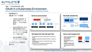 Talk + 1 Unconference Slot
OAuth in a Kubernetes Environment
https://sec.uni-stuttgart.de/events/osw2019/agenda#talkoauth_in_a_kubernetes_environment
• k8s環境向け
OAuthフローの提案
– “OAuth Controller” が
ASから認可コードを
取得し、それをPodに
提供
– Podは初期化時に自己
署名証明書を作成し、
トークンリクエスト時
のクライアント証明書
としてASに提示
– ASは証明書にバイン
ドしたトークンを返却
• クレデンシャル保持の
最小化
21
Source: https://sec.uni-stuttgart.de/_media/events/osw2019/slides/madden_- _oauth_in_k8s.pdf
 