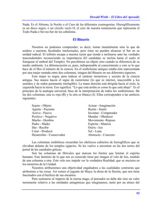 Oswald Wirth – El Libro del Aprendiz
95
Nada. Es el Abismo, la Noche o el Caos de las diferentes cosmogonías. Hieroglíficamente
es un disco negro, o un círculo vacío O, el cero de nuestra numeración que representa el
Todo-Nada o Ser-no-Ser de los cabalistas.
El Binario
Nosotros no podemos comprender, es decir, tomar mentalmente sino lo que da
asidero a nuestras facultades intelectuales, pero éstas no pueden alcanzar el Ser en su
unidad radical. El infinito escapa a nuestra razón que tiende a inclinarse ante las verdades
trascendentales reconociendo su importancia (El candidato se inclina hasta el suelo al
franquear el umbral del Templo). No percibimos un objeto sino cuando se diferencia de su
medio ambiente. La diferenciación es, pues, indispensable al conocimiento y esto es lo que
hace de el Dos el número de la ciencia. En el simbolismo antiguo estaba ésta representada
por una mujer sentada entre dos columnas, imagen del Binario en sus diferentes aspectos.
Esta mujer es negra, para indicar el carácter misterioso y secreto de la ciencia
antigua. Sus manos hacen el signo de esoterismo (lo que es interior, inaccesible a los
sentidos y de orden puramente inteligible). La mano derecha está dirigida hacia el cielo, la
izquierda hacia la tierra. Eso significa: “Lo que está arriba es como lo que está abajo”. Es el
principio de la analogía universal, base de la interpretación de todos los simbolismos. De
las dos columnas, una es roja (B) y la otra es blanca (J). Ellas corresponden a las antítesis
siguientes:
Sujeto - Objeto Actuar - Imaginación
Agente - Paciente Razón - Sentir
Activo - Pasivo Inventar - Comprender
Positivo - Negativo Mandar - Obedecer
Macho - Hembra Movimiento -Reposo
Padre - Madre Espíritu - Materia
Dar - Recibir Osiris - Isis
Crear - Producir Sol - Luna
Desarrollar - Conservador Abstracto - Concreto
Las columnas simbólicas recuerdan los obeliscos cubiertos de hieroglíficos que se
elevaban delante de los templos egipcios. Se les vuelve a encontrar en las dos torres del
portal de las catedrales góticas.
Son las columnas de Hércules que marcan los límites que limitan el espíritu
humano. Este dominio de lo que nos es conocido tiene por imagen el velo de Isis, tendido
de una columna a otra. Este velo nos impide ver la verdadera Realidad, que se encierra en
los misterios de la Unidad.
Nosotros atribuiremos una objetividad engañadora a las cualidades contrarias que
atribuimos a las cosas. Así somos el juguete de Maya, la diosa de la Ilusión, que nos tiene
fascinados con el hechizo de sus encantos.
Para sustraerse al imperio de la eterna maga, el pensador no debe dar sino un valor
meramente relativo a las entidades antagónicas que imaginamos, tanto por un atraso del
 