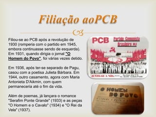 Filiou-se ao PCB após a revolução de
1930 (romperia com o partido em 1945,
embora continuasse sendo de esquerda).
Em 1931, quando dirigia o jornal "O
Homem do Povo", foi várias vezes detido.
Em 1936, após ter-se separado de Pagu,
casou com a poetisa Julieta Bárbara. Em
1944, outro casamento, agora com Maria
Antonieta D'Aikmin, com quem
permaneceria até o fim da vida.
Além de poemas, já lançara o romance
"Serafim Ponte Grande" (1933) e as peças
"O Homem e o Cavalo" (1934) e "O Rei da
Vela" (1937).
 