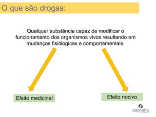 O que são drogas:
Qualquer substância capaz de modificar o
funcionamento dos organismos vivos resultando em
mudanças fisiólogicas e comportamentais.
Efeito medicinal Efeito nocivo
 