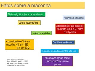 Meier, M.H., et al., 2012; MacLeod, J., et al., 2004.
Efeitos significantes no aprendizado
Adolescentes: uso pesado e
frequente reduz o Q.I entre
6 e 8 pontos
Abandono da escola
Fergusson, D. M. and Boden, J.M., 2008
Causa dependência
Distúrbios de humor
Greene, M. Claire MPH; Kelly, John F. PhD, 2014
A quantidade de THC na
maconha: 4% em 1980
15% em 2012
Volkow ND, Crane NA, Mason BJ, 2014
Afeta os sentidos
Altas doses podem causar
surtos psicóticos ou de
pânico
A maioria dos adolescentes não usa
Fatos sobre a maconha
 
