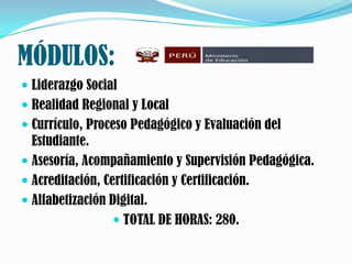 MÓDULOS:Liderazgo SocialRealidad Regional y LocalCurrículo, Proceso Pedagógico y Evaluación del Estudiante.Asesoría, Acompañamiento y Supervisión Pedagógica.Acreditación, Certificación y Certificación.Alfabetización Digital.TOTAL DE HORAS: 280.