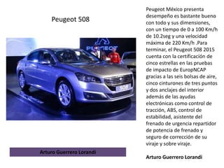 Peugeot México presenta
desempeño es bastante bueno
con todo y sus dimensiones,
con un tiempo de 0 a 100 Km/h
de 10.2seg y una velocidad
máxima de 220 Km/h .Para
terminar, el Peugeot 508 2015
cuenta con la certificación de
cinco estrellas en las pruebas
de impacto de EuropNCAP
gracias a las seis bolsas de aire,
cinco cinturones de tres puntos
y dos anclajes del interior
además de las ayudas
electrónicas como control de
tracción, ABS, control de
estabilidad, asistente del
frenado de urgencia repartidor
de potencia de frenado y
seguro de corrección de su
viraje y sobre viraje.
Arturo Guerrero Lorandi
Peugeot 508
Arturo Guerrero Lorandi
 