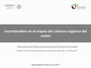 Gerencia del Sistema Nacional de Monitoreo Forestal
Incertidumbre en el mapeo del carbono orgánico del
suelos
Aguascalientes 30 de junio de 2017
Unidad Técnica Especializada en Monitoreo, Reporte y Verificación
 
