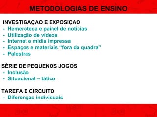 METODOLOGIAS DE ENSINO
INVESTIGAÇÃO E EXPOSIÇÃO
- Hemeroteca e painel de notícias
- Utilização de vídeos
- Internet e mídia impressa
- Espaços e materiais “fora da quadra”
- Palestras
SÉRIE DE PEQUENOS JOGOS
- Inclusão
- Situacional – tático
TAREFA E CIRCUITO
- Diferenças individuais

 