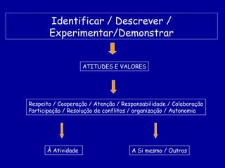 Identificar / Descrever /
Experimentar/Demonstrar
ATITUDES E VALORES

Respeito / Cooperação / Atenção / Responsabilidade / Colaboração
Participação / Resolução de conflitos / organização / Autonomia

À Atividade

A Si mesmo / Outros

 